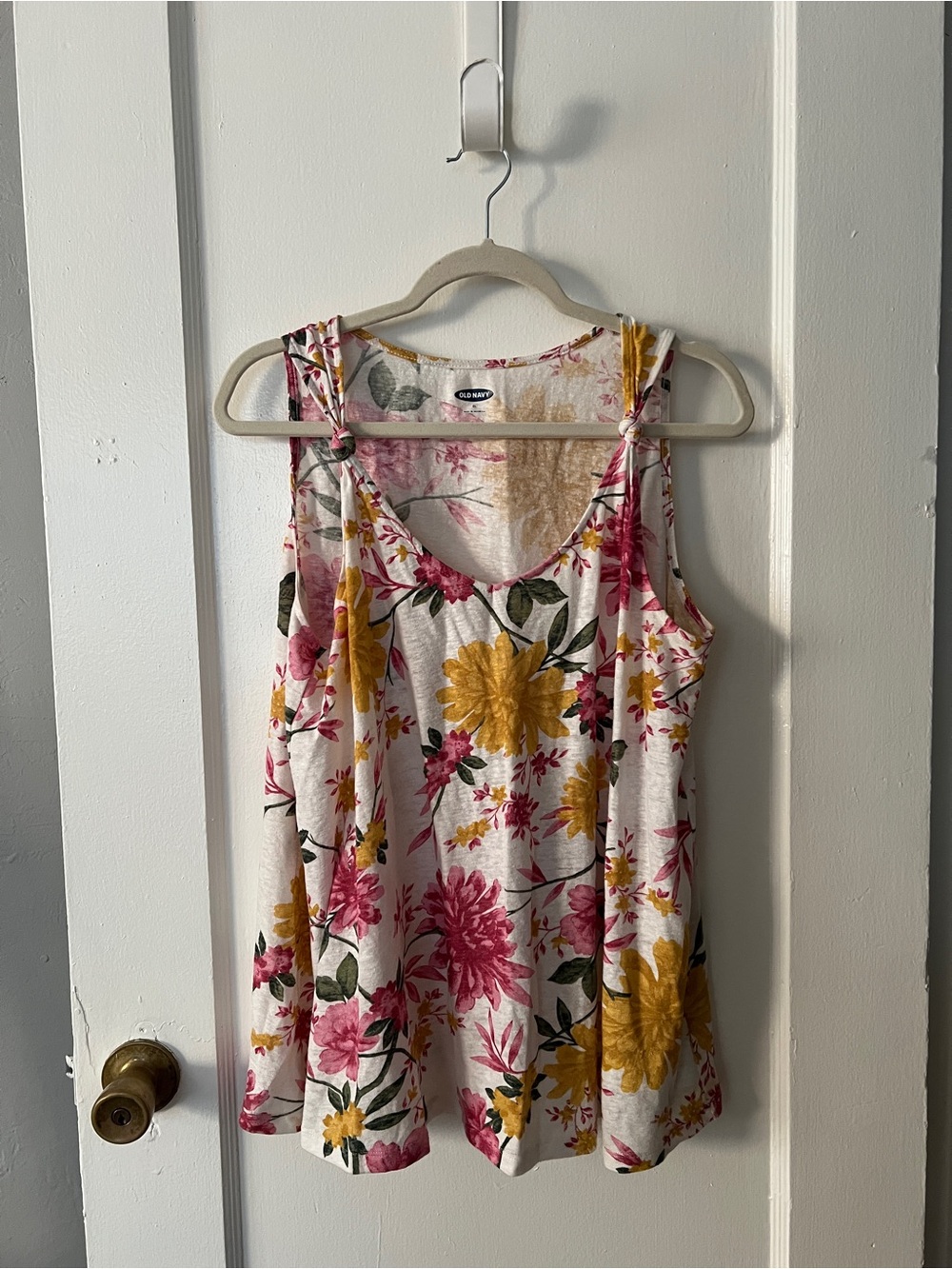 Old Navy Pink & Yellow Floral Knot-Shoulder Tank